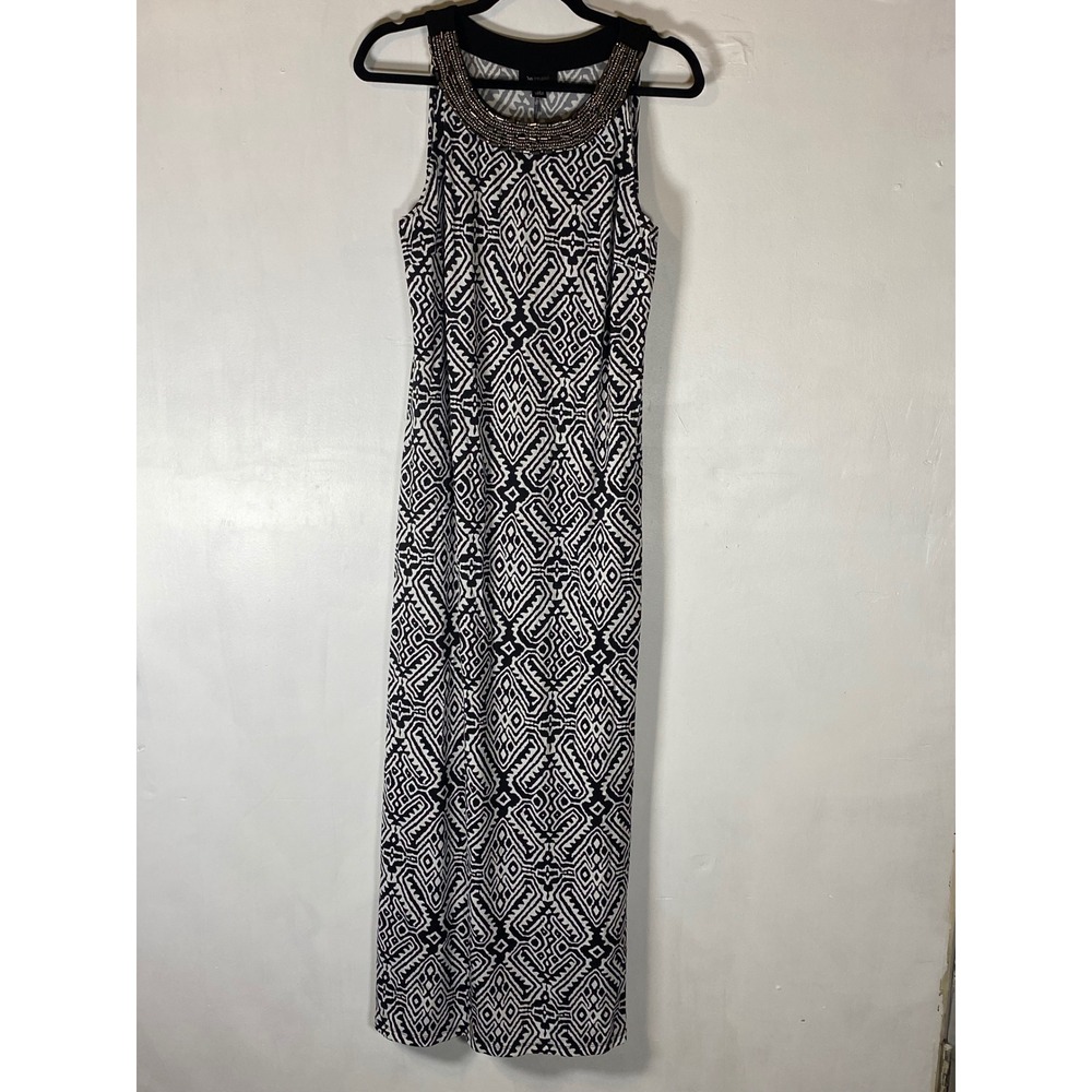 Black White Geometric Print Maxi Dress Beaded Neckline Sleeveless XL Monochrome